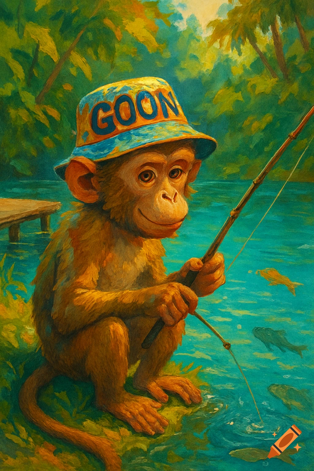 A painterly image of a monkey wearing a 'GOON' bucket hat, fishing in a vibrant green and blue jungle river.