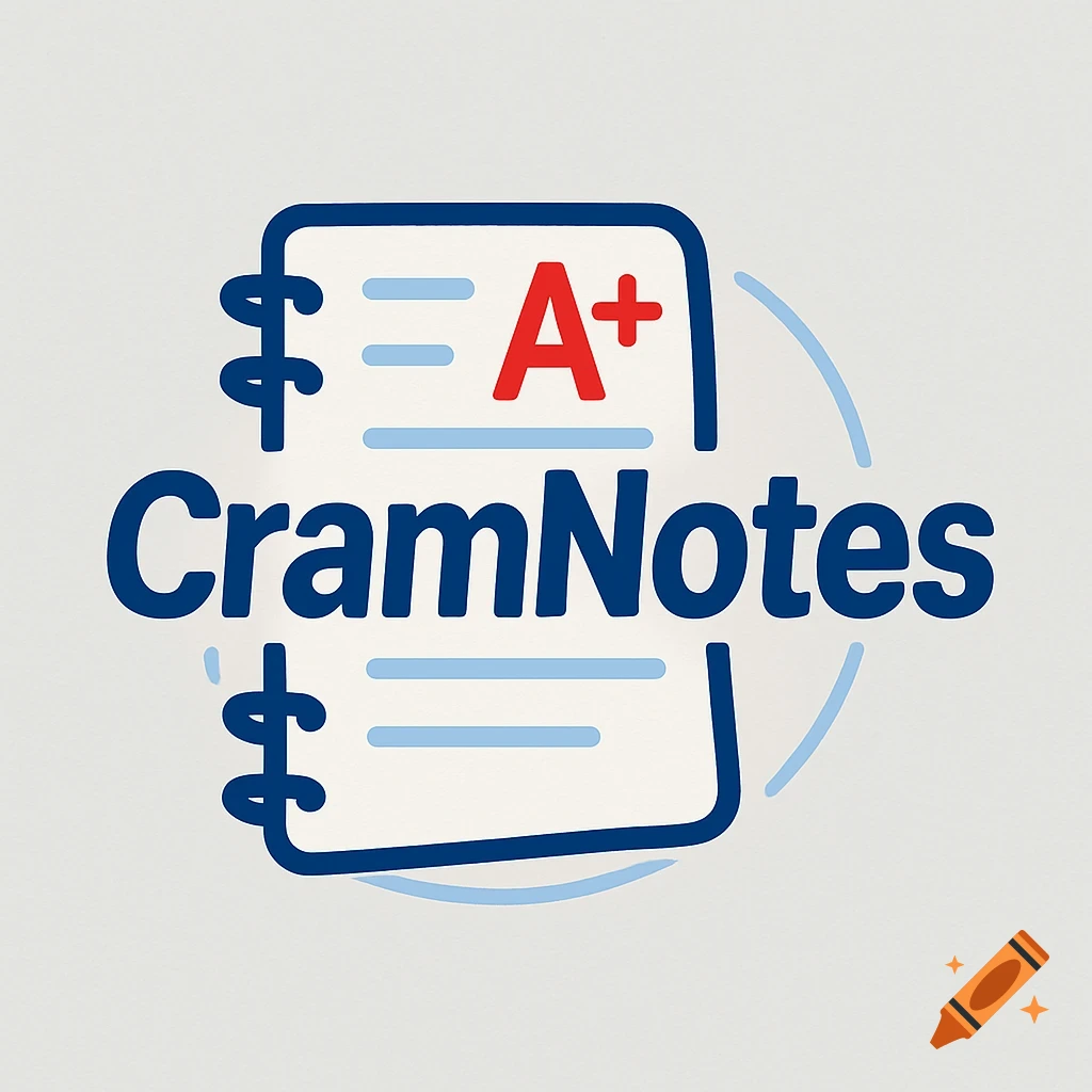 Blue and white logo for CramNotes, featuring a stylized notebook with an A+ grade.
