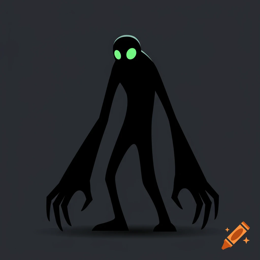 A black, shadowy monster with long, thin arms, clawed hands, and glowing green eyes stands against a dark gray background.