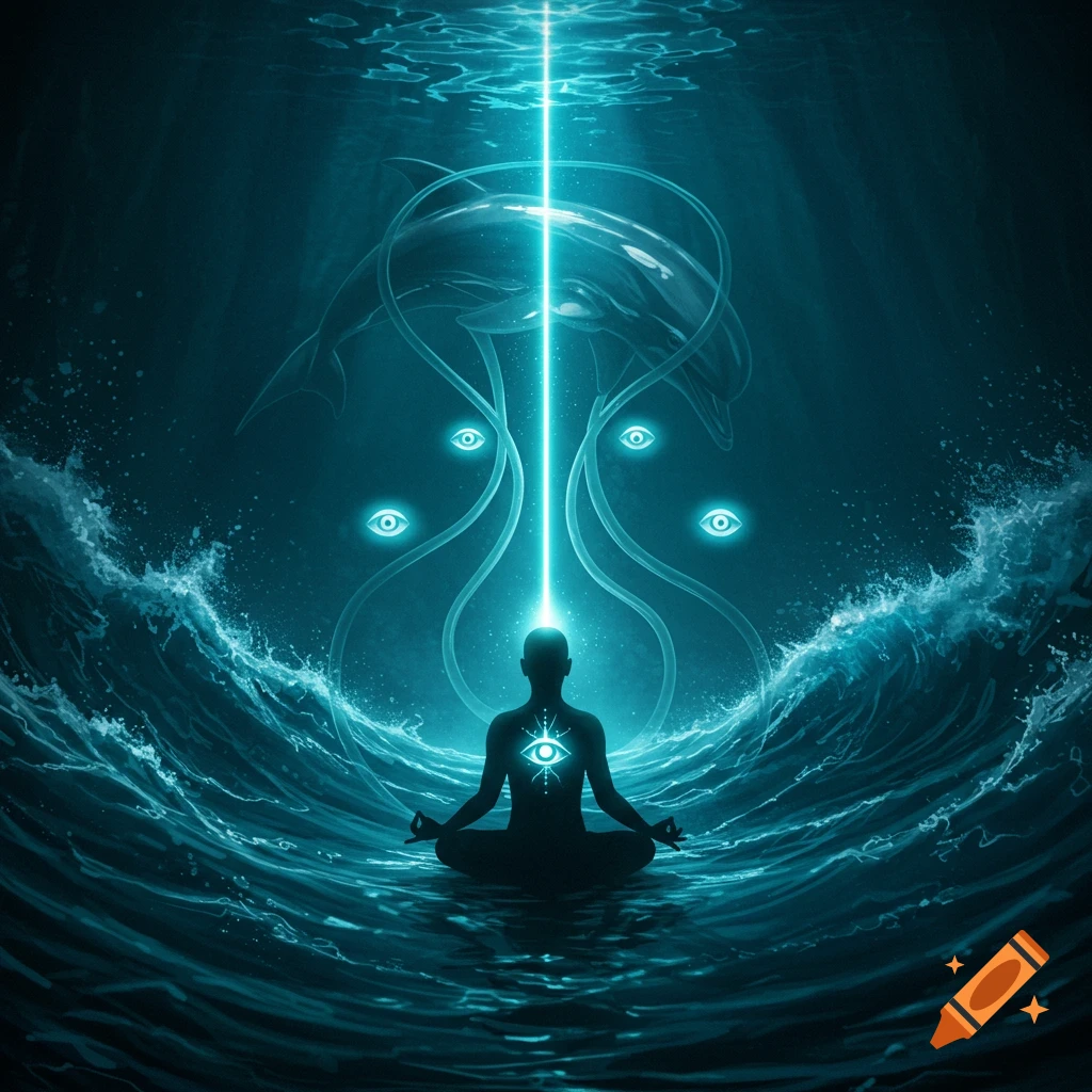A silhouetted person meditates in dark, wavy water with a glowing eye on their chest, a beam of light, and abstract dolphins and floating eyes in the deep blue background.