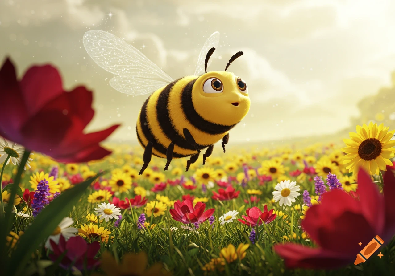 A cute, big-eyed cartoon bee flies over a vibrant field of colorful flowers under a bright sky.