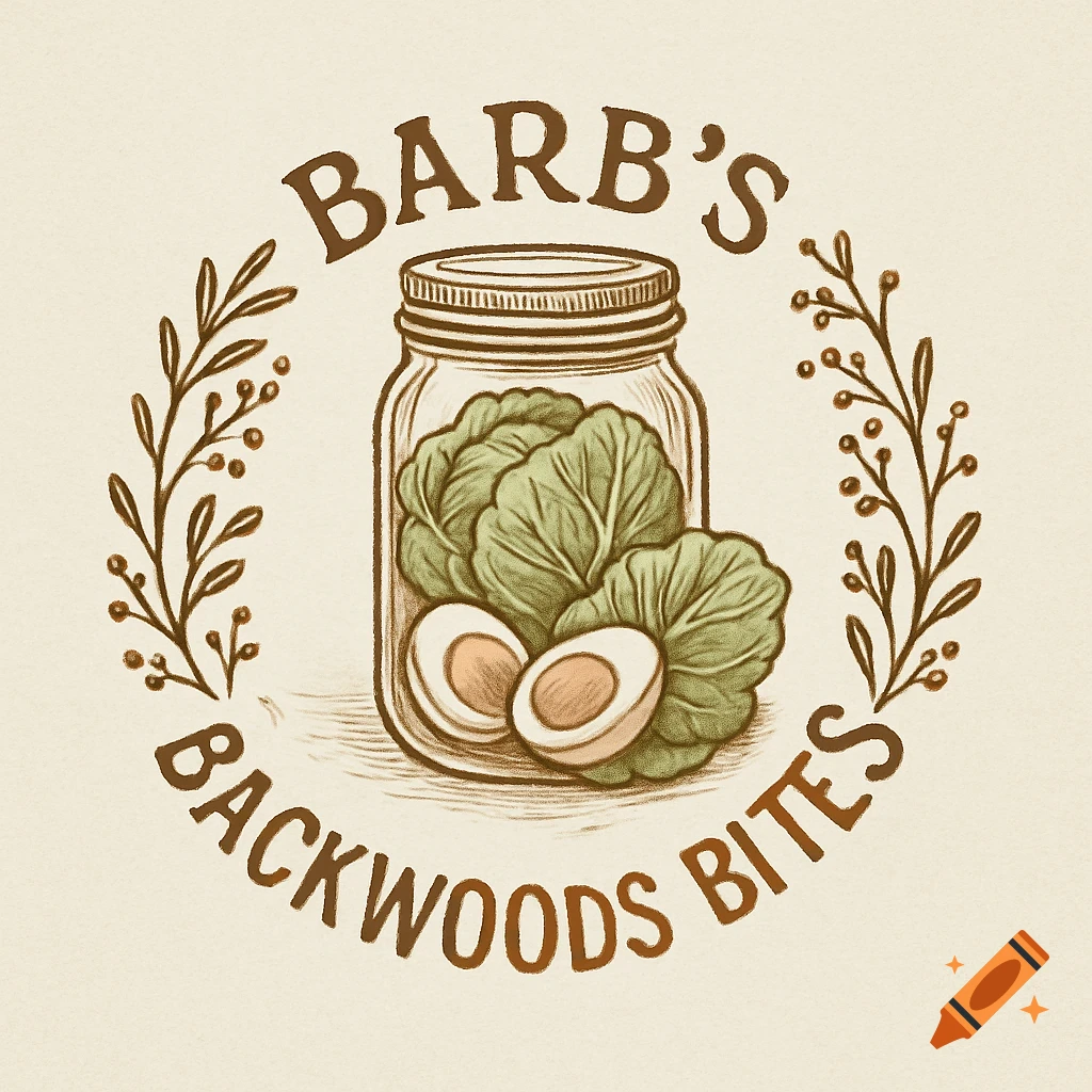 Vintage-style logo for Barb's Backwoods Bites, featuring a mason jar with pickled eggs and greens, encircled by a leafy wreath.