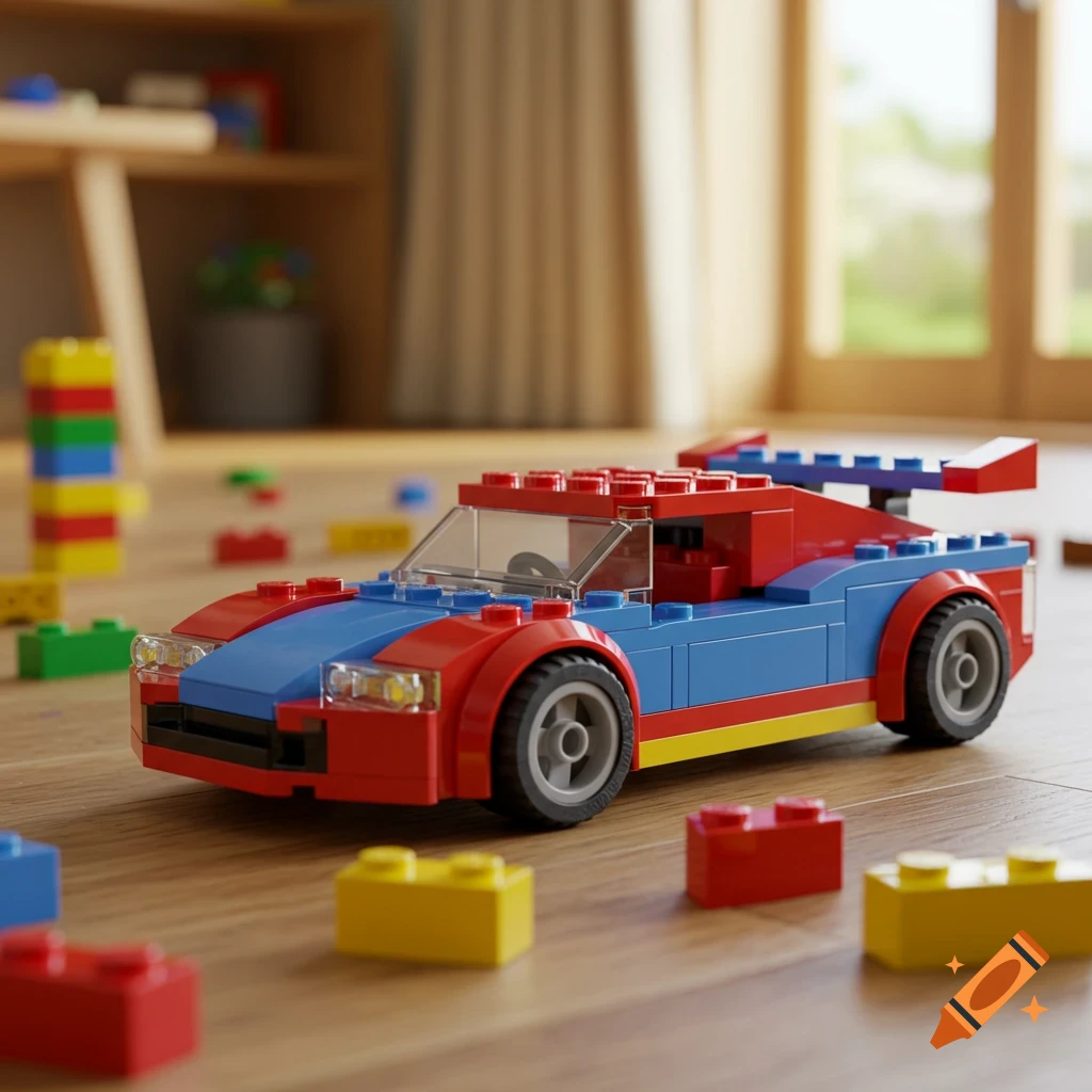Photorealistic image of a red and blue LEGO car on a wooden floor, with scattered LEGO bricks in a sunlit room.