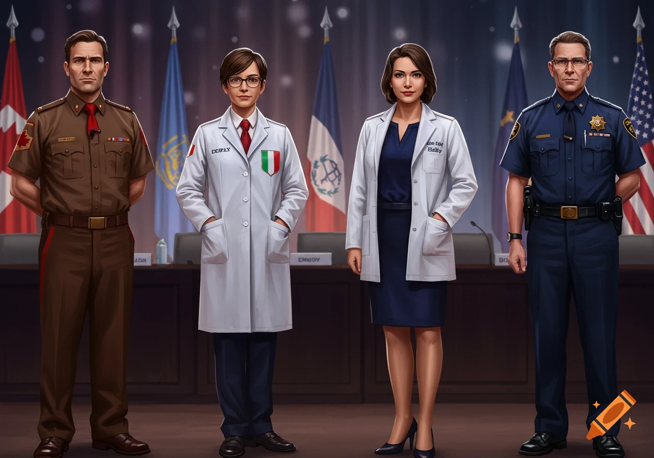 Four adults in various professional uniforms (military, doctor, police) stand in front of flags, including Canadian and American.