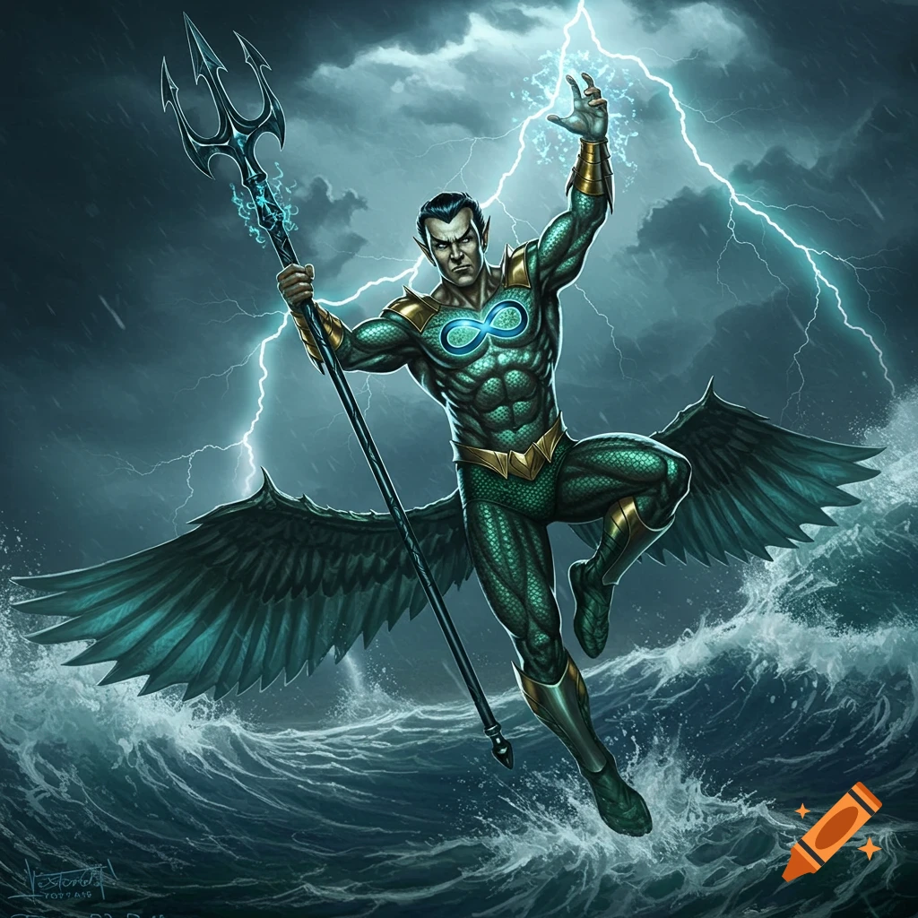Namor, a superhero with winged feet, green armor with an infinity symbol, holds a trident amid lightning and stormy seas in a comic art style.