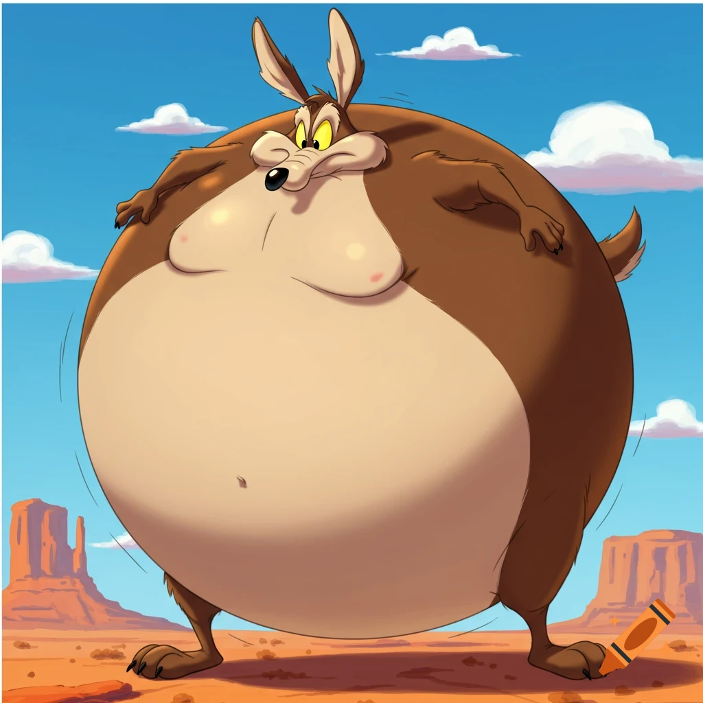Wile E. Coyote is cartoonishly inflated into a giant spherical brown body with tiny limbs and head, standing in a desert landscape.