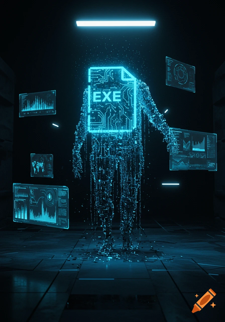 A glowing blue digital humanoid figure with 'EXE' on its chest stands in a dark room surrounded by floating data screens.
