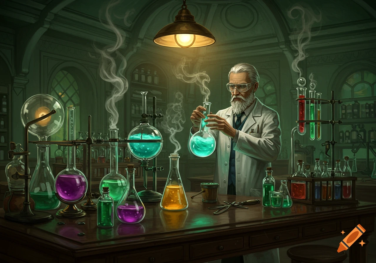 An old scientist in a vintage chemistry lab holds a glowing green flask amidst bubbling experiments.