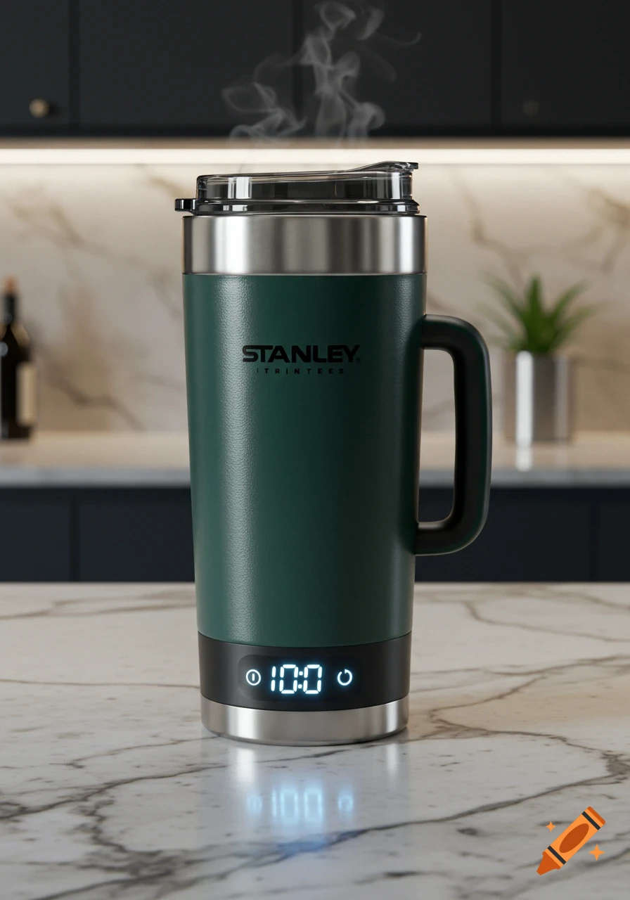 A dark green smart travel mug with a stainless steel top and a digital display showing '10:0' sits on a white marble kitchen counter with steam rising from it.