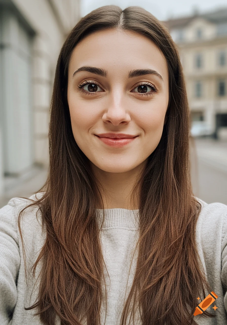 Close-up selfie of a smiling young woman with long brown hair and brown eyes, wearing a grey sweater, against a blurred city street background.