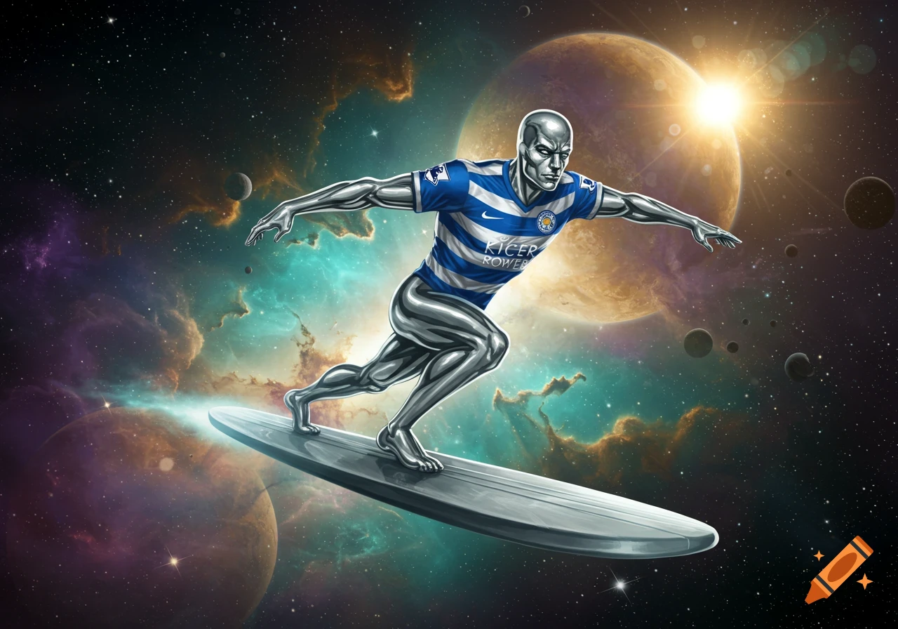 Silver Surfer in a blue and white striped Leicester City shirt surfs through space, with planets and colorful nebulae in the background.