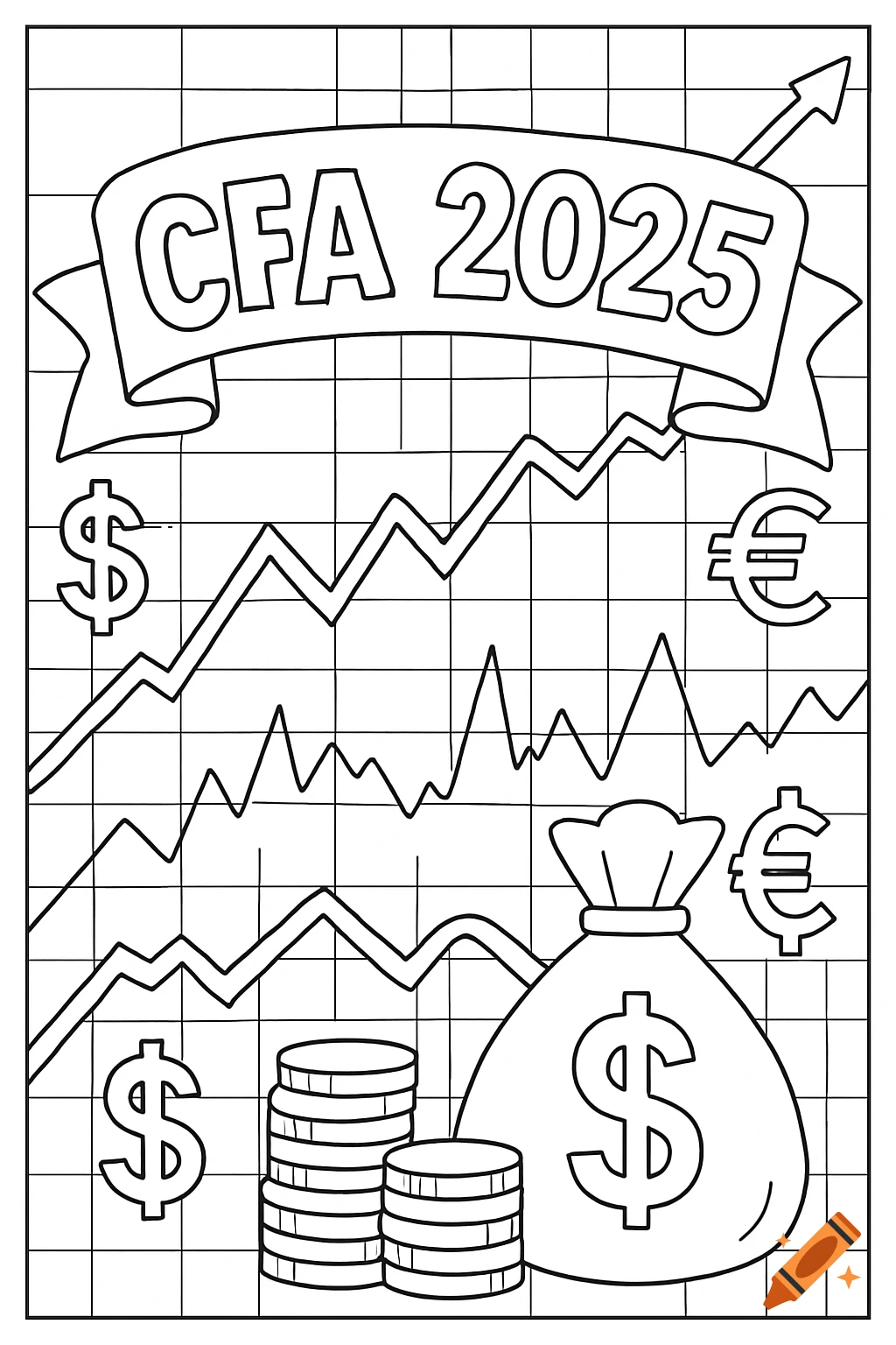 Line art coloring page with 'CFA 2025' on a ribbon, financial charts, money bags, coins, and currency symbols.