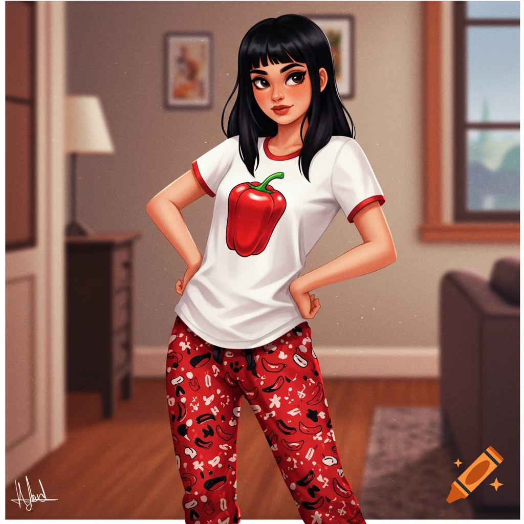 A cartoon girl with black hair and bangs, wearing a white t-shirt with a red pepper and patterned red pajama pants, stands indoors.
