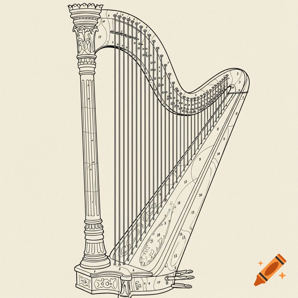 Line art illustration of a harp with decorative details and various numbered sections on a light background.