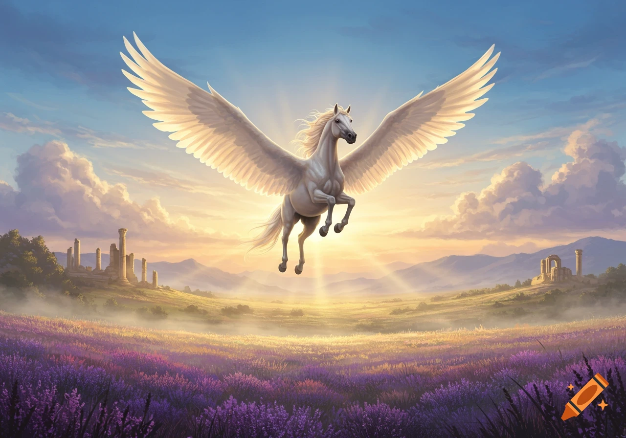 A majestic white Pegasus with large wings flies over a field of purple flowers and ancient ruins at sunset.