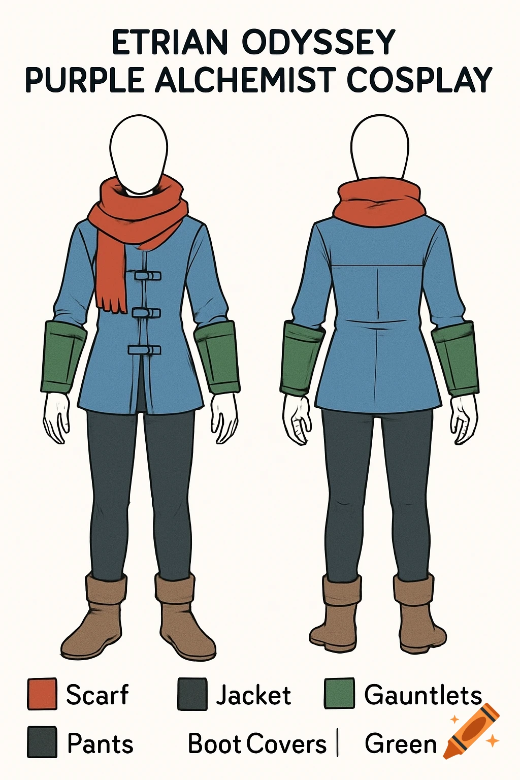 A flat color line art cosplay reference sheet with front and back views of a mannequin-style figure wearing a blue jacket, red scarf, dark pants, brown boots, and green gauntlets. Text labels describe the outfit components.