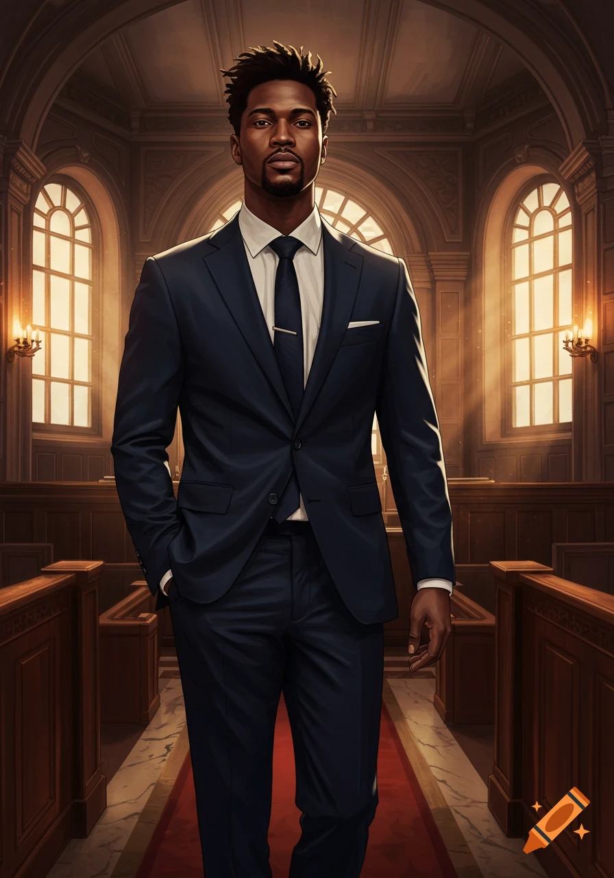 A photorealistic portrait of a stylish Black man in a dark suit standing confidently in a grand hall with arched windows.