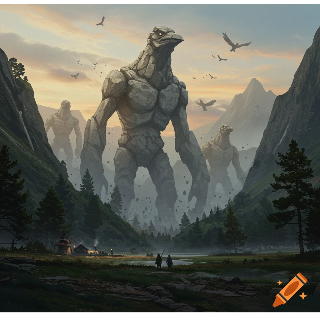 Giant rock monsters with bird-like heads emerge from a misty mountain valley, dwarfing two human figures and a small village at sunset.
