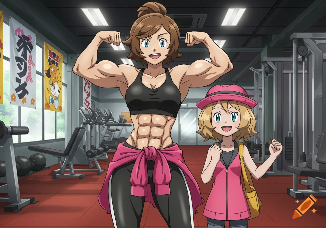 Anime characters, a muscular woman in a sports bra flexing alongside a younger girl in a pink hat, standing in a gym.