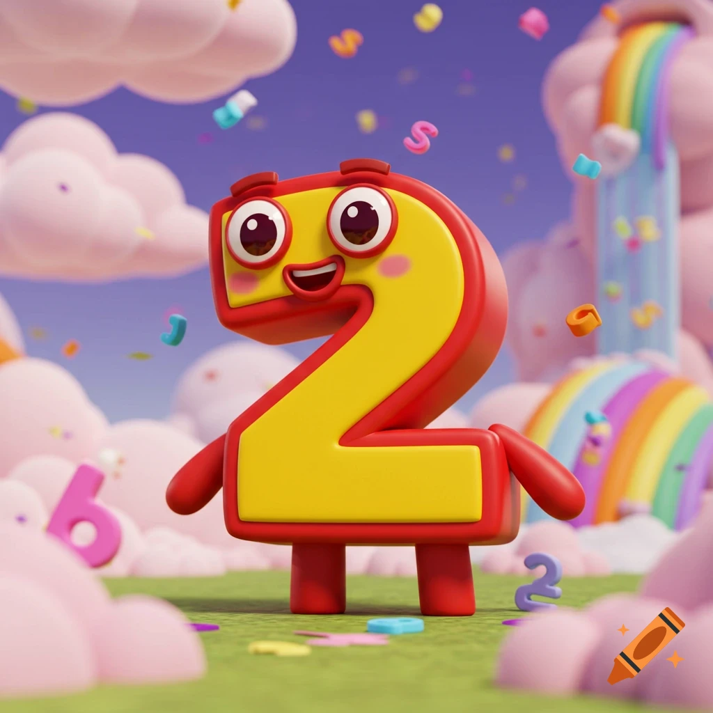 A happy, red and yellow cartoon number 2 character stands in a whimsical landscape with pink clouds, a rainbow waterfall, and colorful confetti.