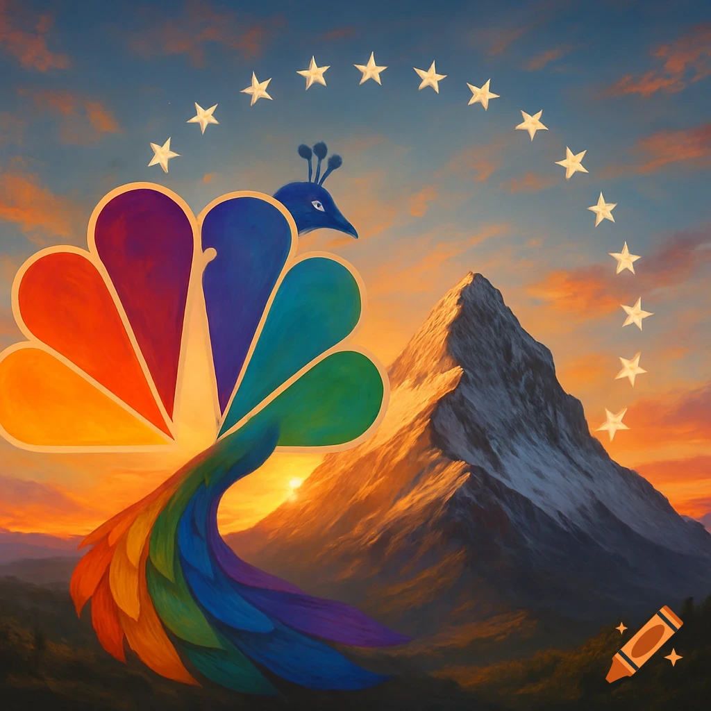 A vibrant NBC peacock logo merged with a Paramount-style mountain and stars at sunset.