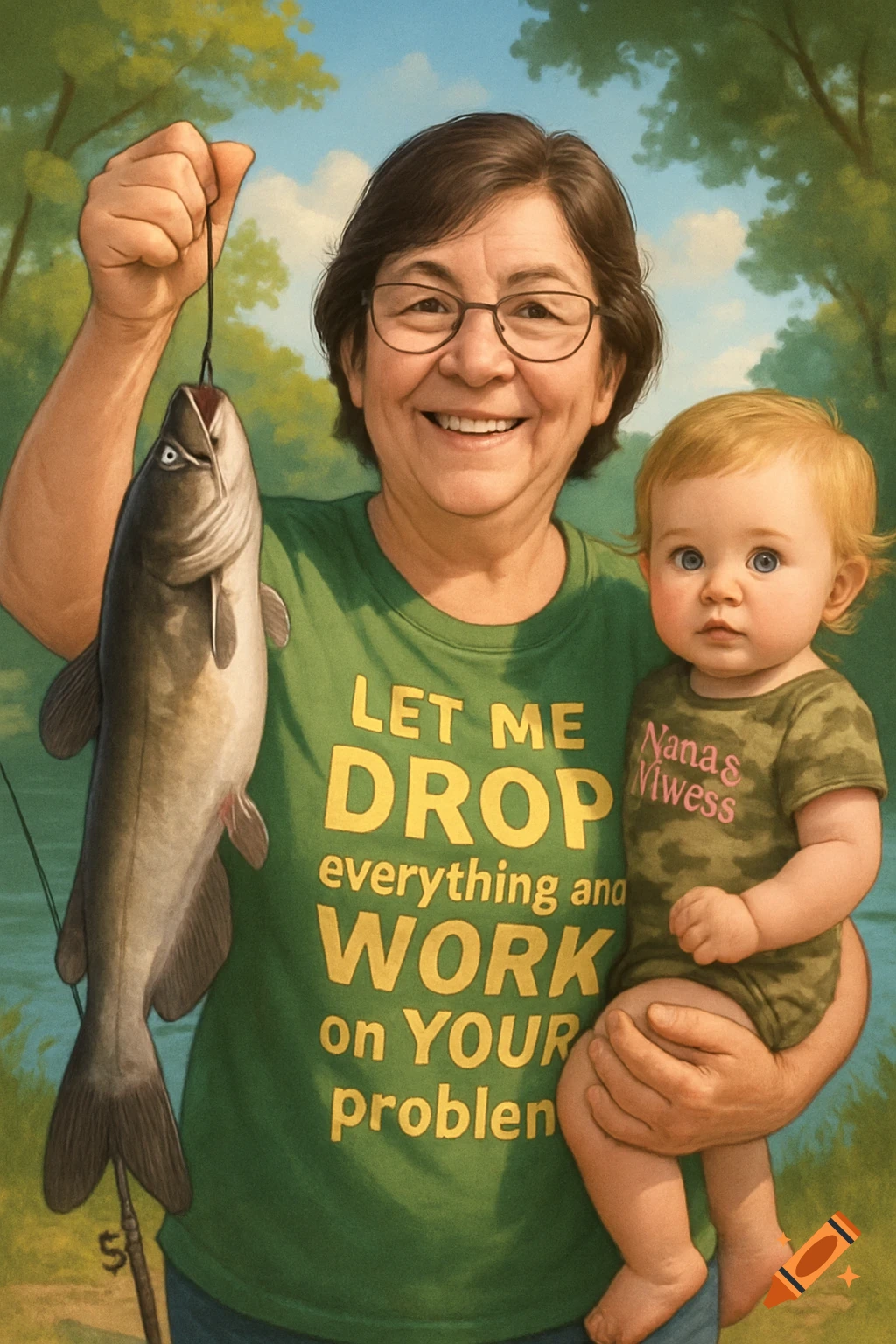 A smiling grandmother holds a large catfish and a baby with a serious expression, standing by a lake with trees in a semi-realistic style.