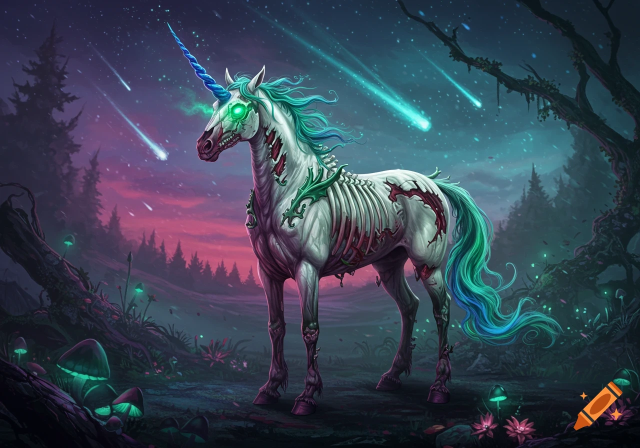 Evil unicorn with rainbow hair against explosive background on Craiyon, image size:1280x896