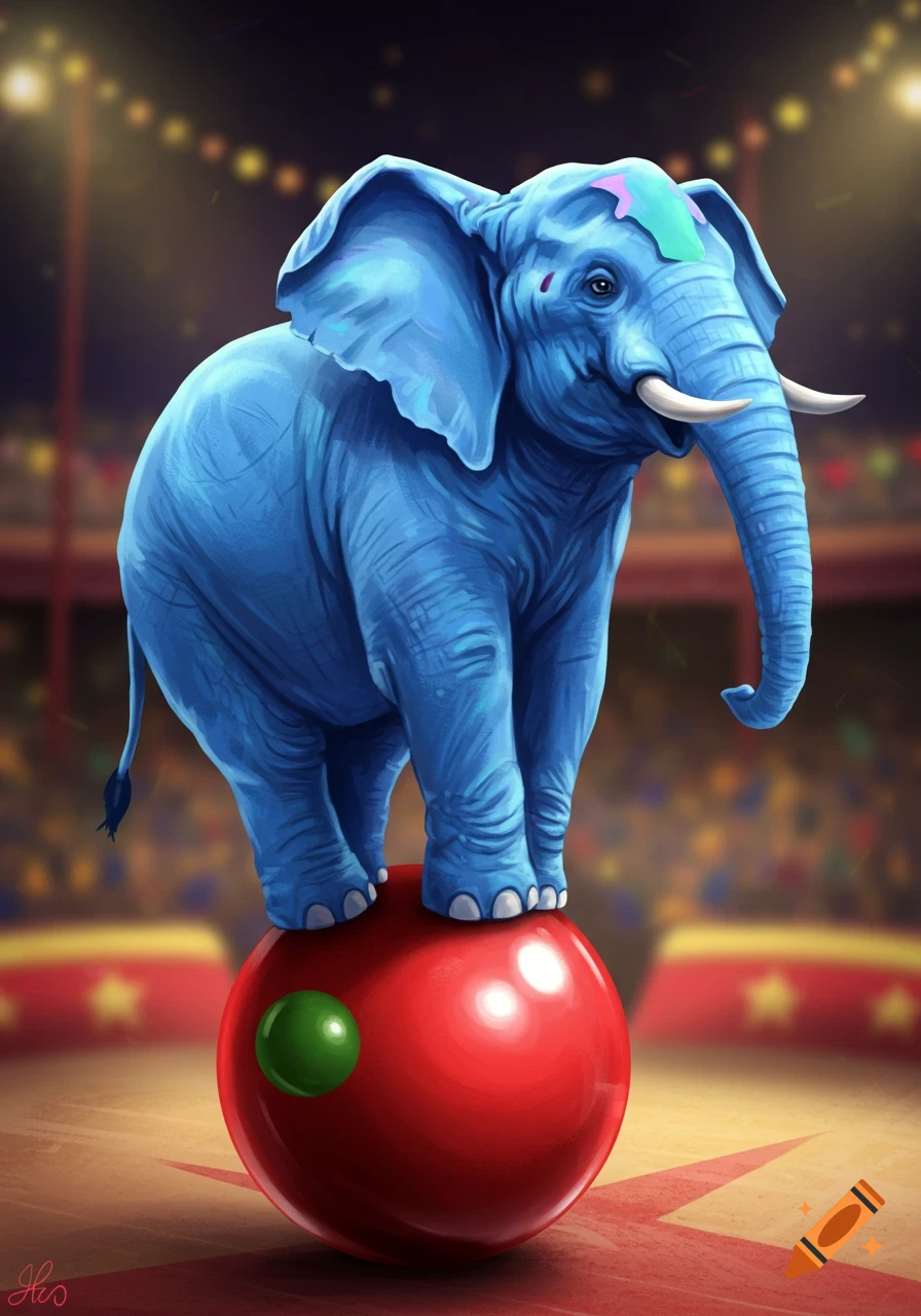 A blue elephant with white tusks balances on a large red ball with a green dot in a circus tent, digital art style.
