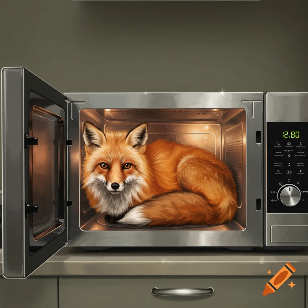 A photorealistic red fox with white chest fur rests inside an open stainless steel microwave oven in a kitchen.