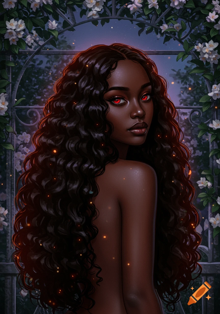 Digital painting of a dark-skinned Black woman with long curly hair, red eyes, and bare shoulders, in a moonlit garden.
