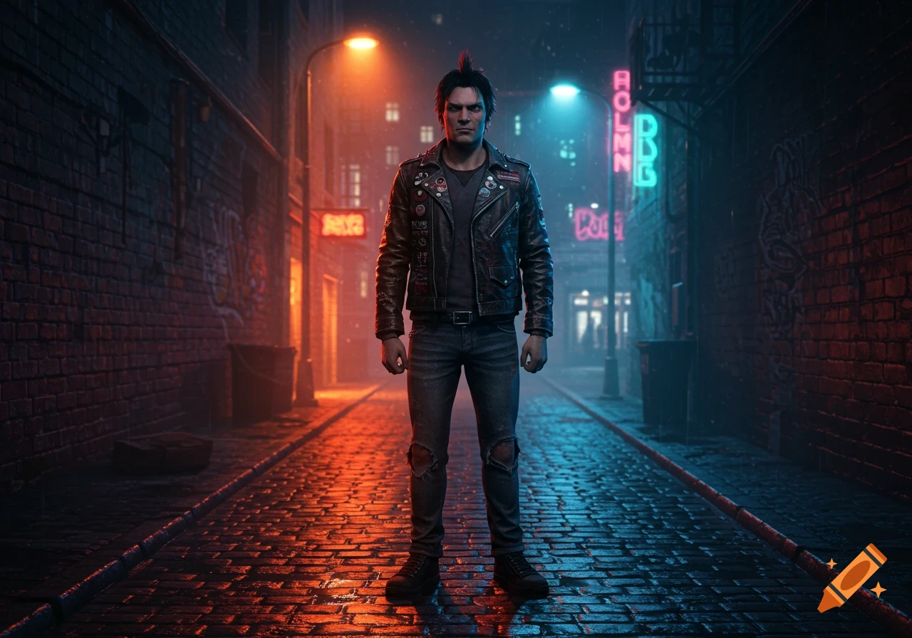 A tough-looking punk man with a spiked mohawk stands in a rainy, neon-lit city alley at night, wearing a leather jacket and ripped jeans.