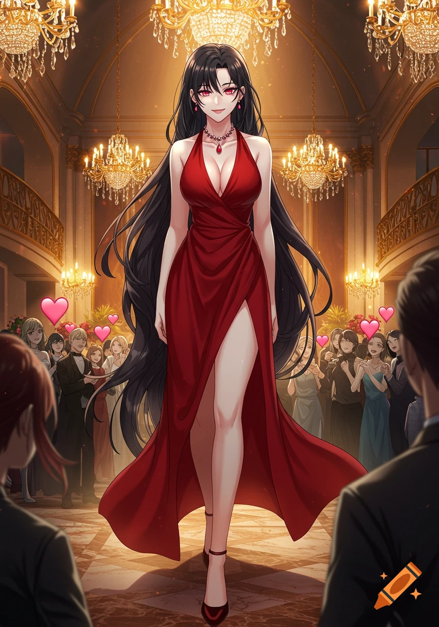 Anime woman with long black hair, glowing red eyes, in a red dress, confidently walks through a fancy ballroom as a captivated crowd watches with hearts above their heads.