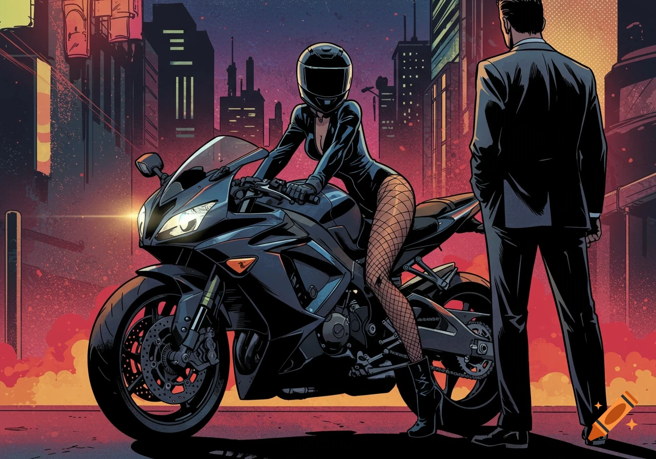 Comic art of a woman in a black leather suit and fishnets on a motorcycle, looking at a man in a suit against an urban night skyline.