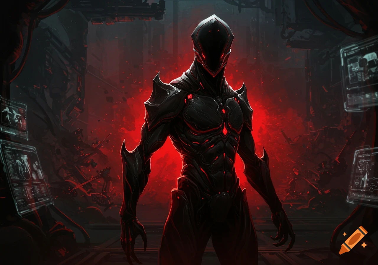 Dark, armored figure with glowing red accents stands in a red-lit, futuristic environment with display screens.