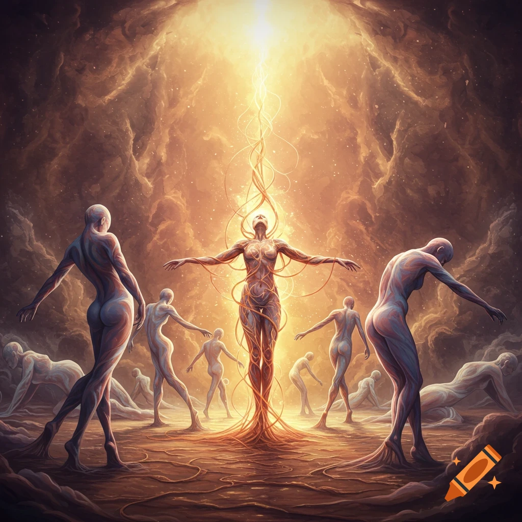 Stylized nude figures emerge from a glowing light amidst swirling cosmic clouds, connected by tendrils of energy.