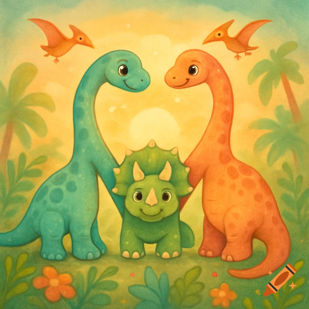 Cute illustrated green and orange dinosaurs forming an 'M' shape with a smaller triceratops in a sunny jungle.