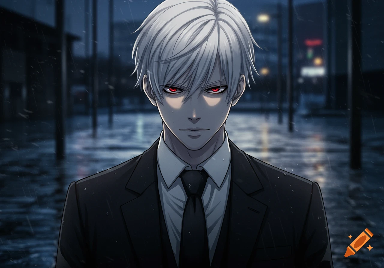 An anime man with white hair and glowing red eyes in a black suit and tie stands in the rain on a dark street, looking intensely forward.