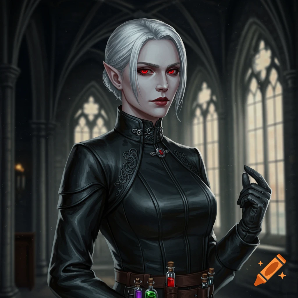 A realistic portrait of an elegant dhampir alchemist with silver hair and red eyes, wearing black leather in a gothic hall.