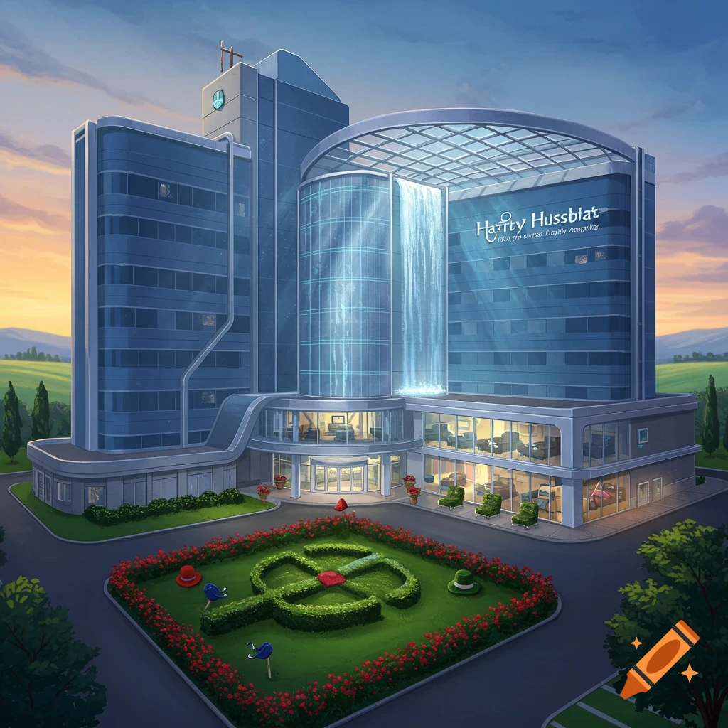 A modern, blue-glass hospital building with a central waterfall feature and a keyhole-shaped garden at sunset.