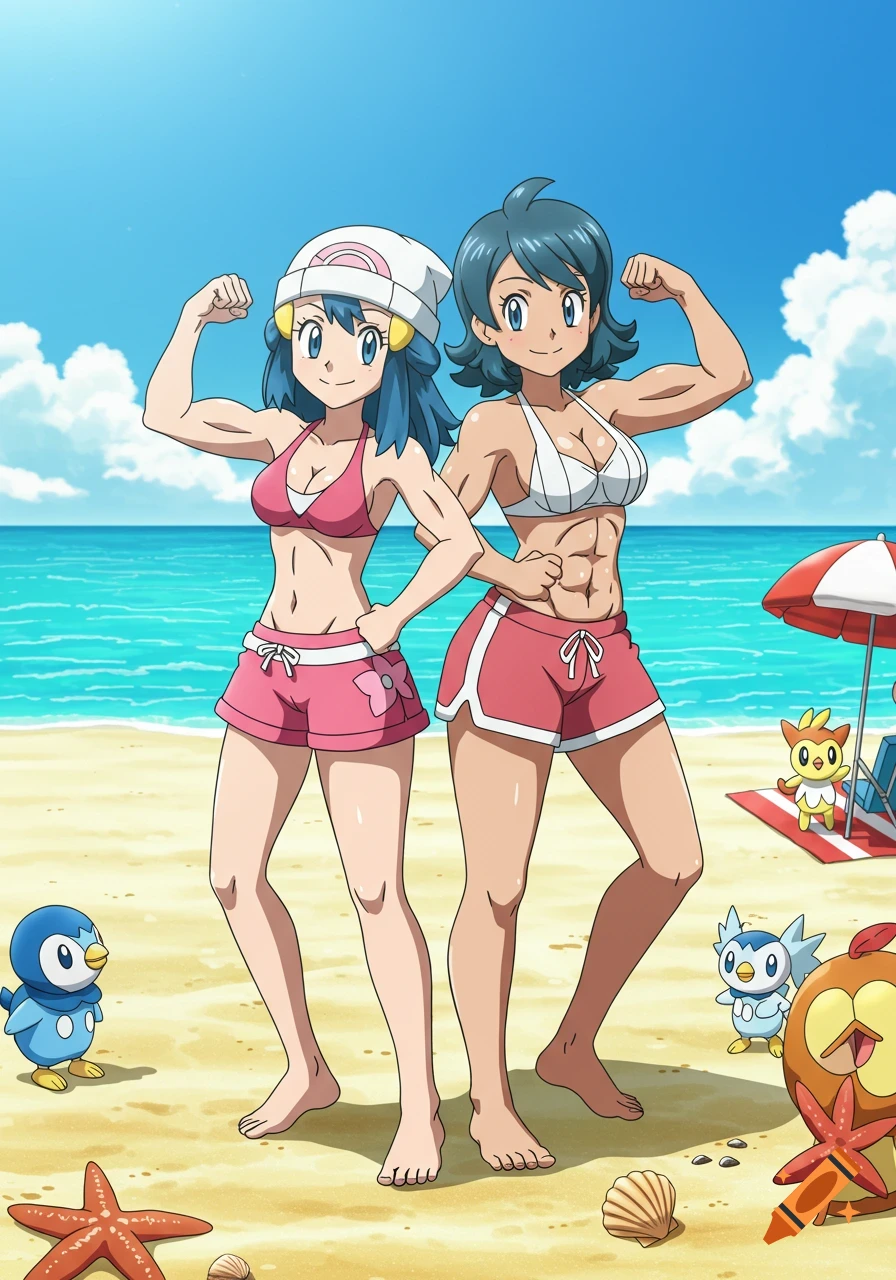 Anime style image of muscular Dawn and her mother flexing on a sunny beach with several Pok\u00e9mon creatures nearby.