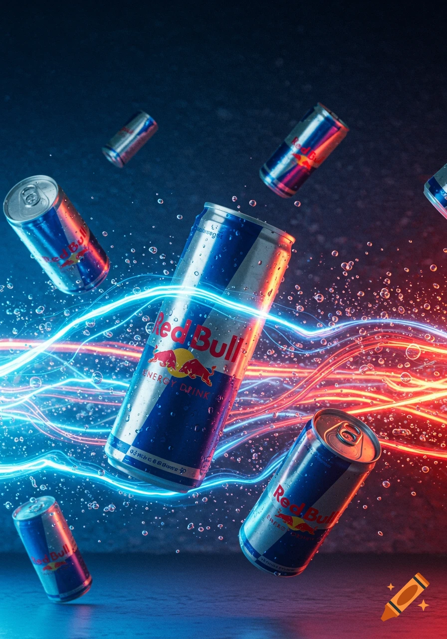 Red Bull cans with glowing blue and red energy trails and water droplets floating against a dark, textured background.