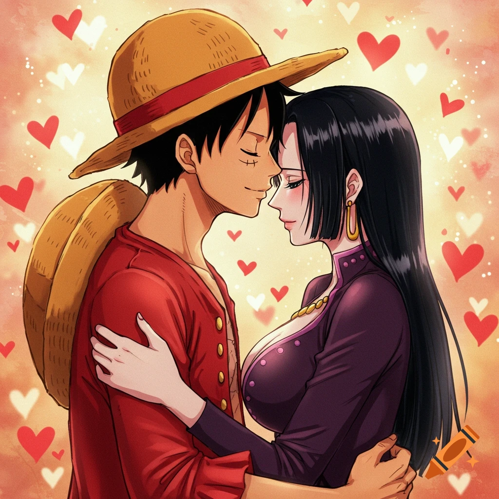 Anime characters Monkey D. Luffy and Boa Hancock embracing, with a background of red and white hearts, in a romantic style.
