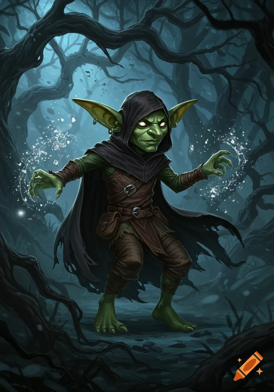 A hooded green-skinned goblin with glowing eyes casting magic in a dark, gnarled forest, in a fantasy art style.
