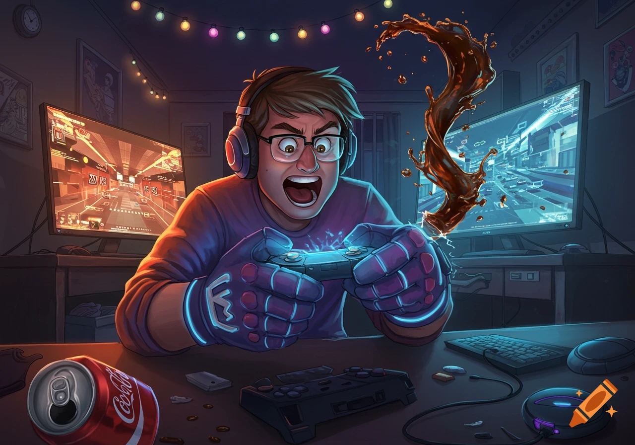 A stylized illustration of a frantic gamer in glowing gloves, playing on dual monitors in a dim room with a spilled soda.