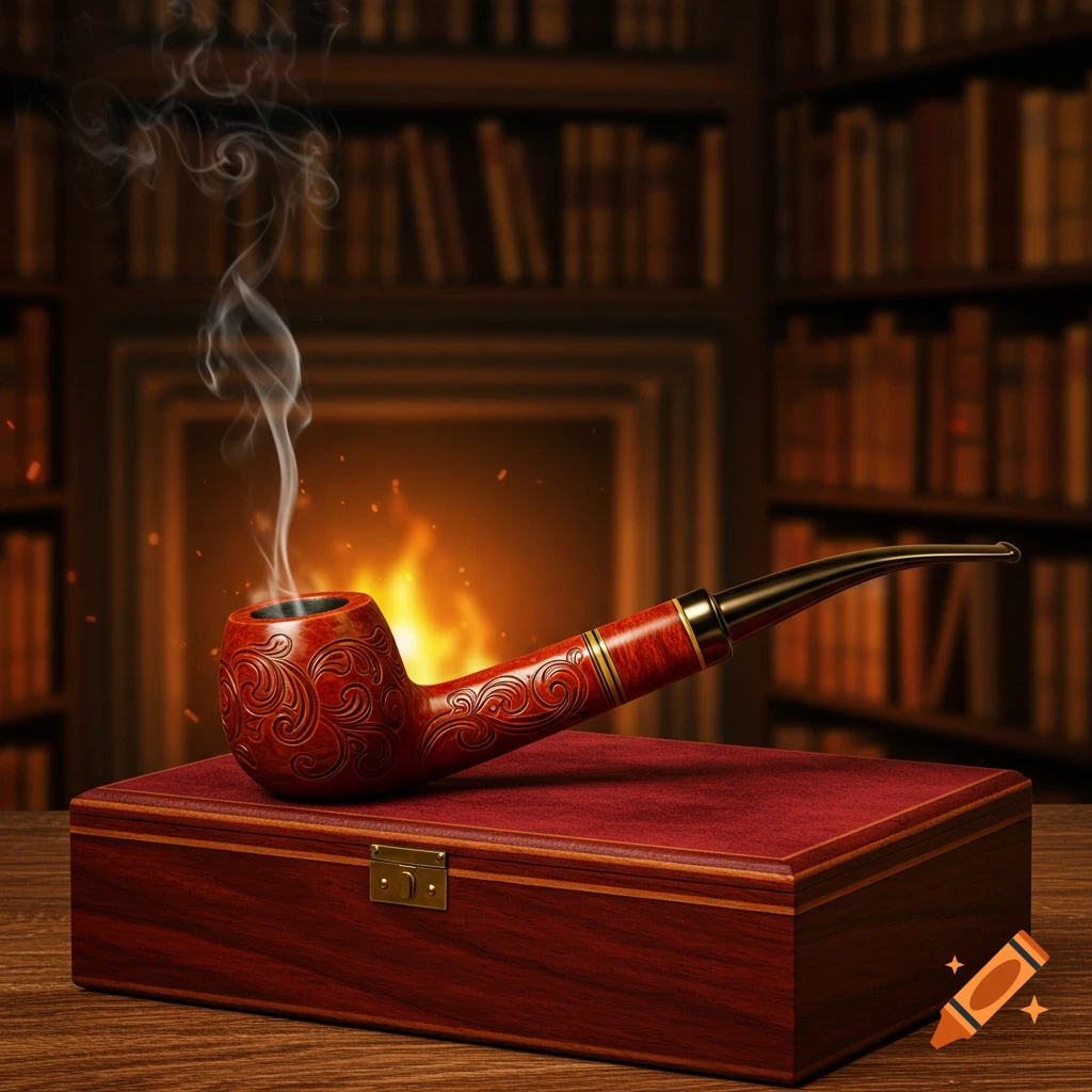 A carved wooden smoking pipe with smoke rising, resting on a red velvet-lined wooden box, in front of a cozy fireplace and bookshelves. Photorealistic.
