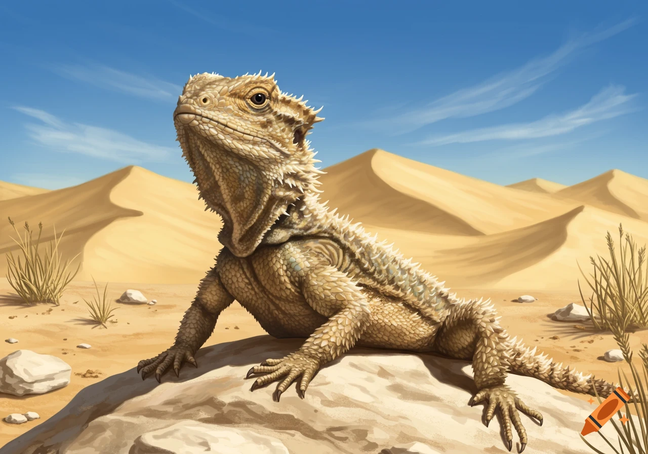 A close-up illustration of a tan, scaly lizard, possibly a bearded dragon, sitting on a rock in a sunny desert with sand dunes and a blue sky.