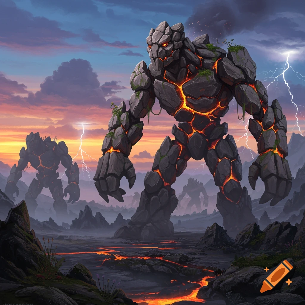 Giant rock monsters with glowing lava cracks stand in a volcanic landscape under a dramatic sunset with lightning.