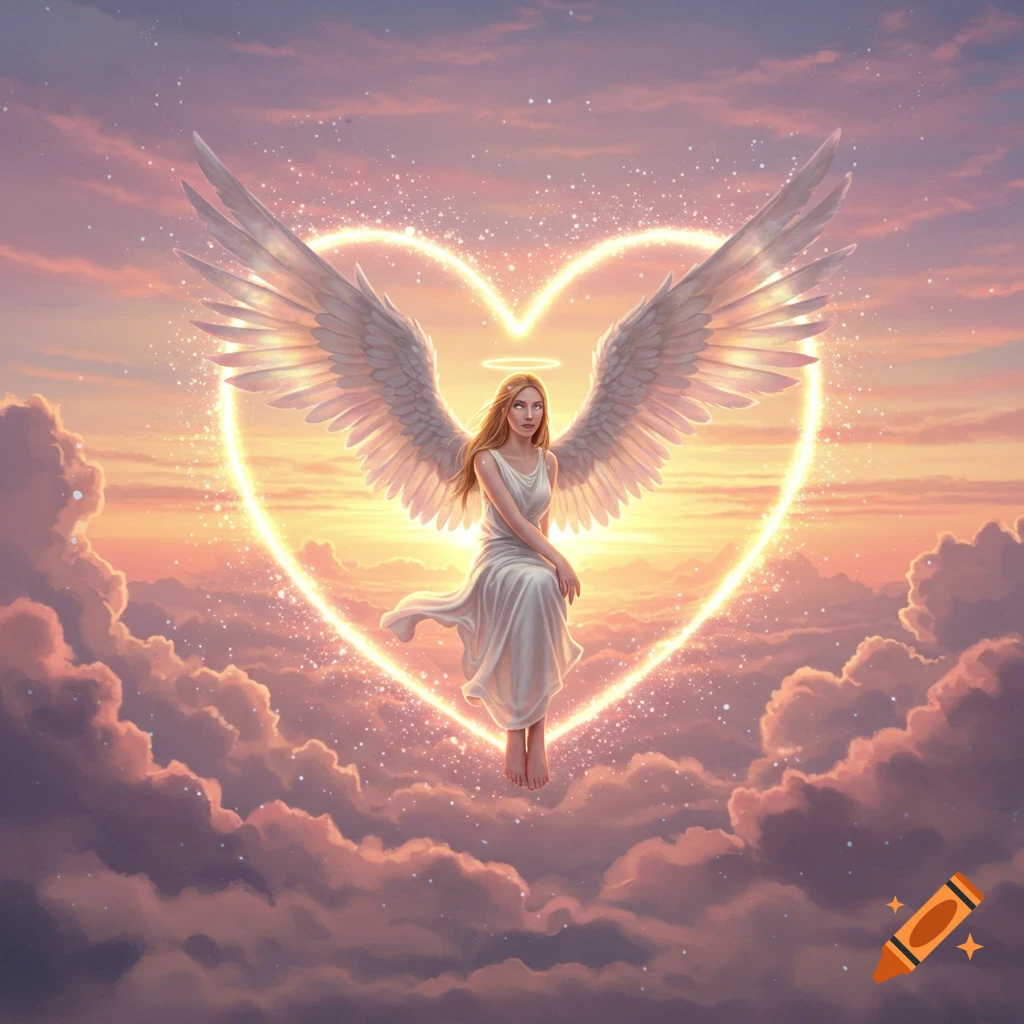 A serene angel with large white wings floats in the sky, framed by a glowing heart, amidst pink and purple clouds at sunset.