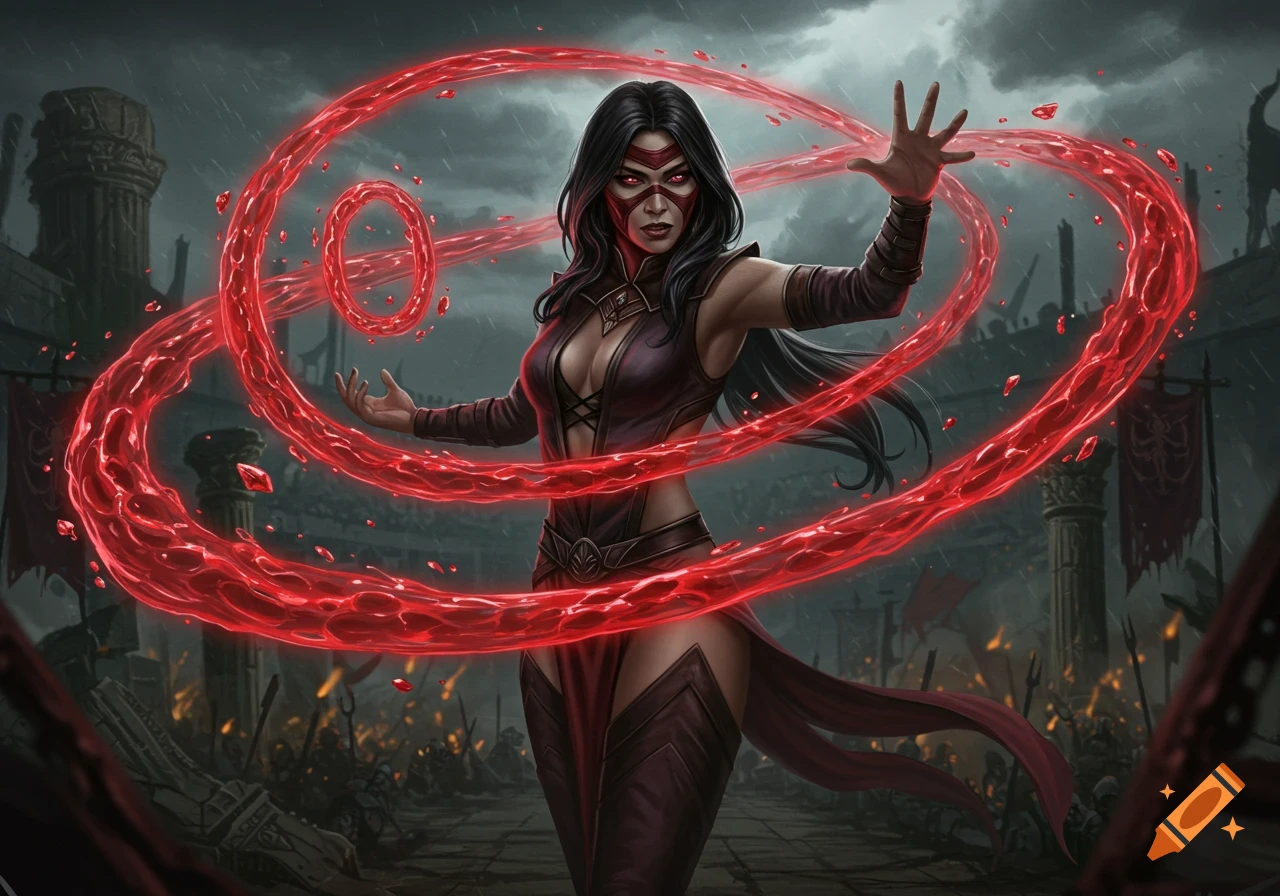 Skarlet, a dark-haired female warrior in a red and black outfit, casts a blood spell with swirling red energy in a rainy, ruined arena.