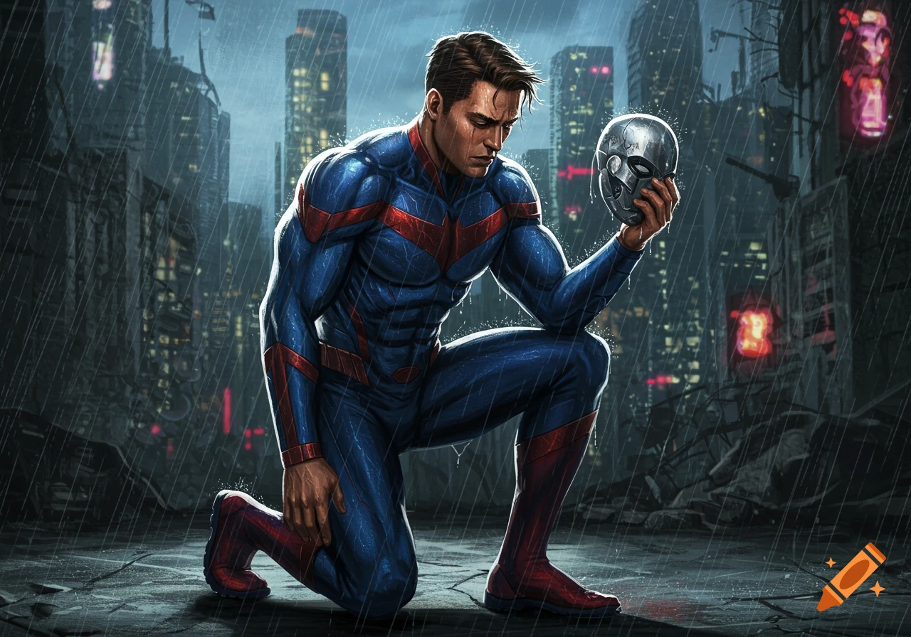 A somber male superhero in a blue and red suit kneels in a rainy city, holding a metallic mask. Comic art style.